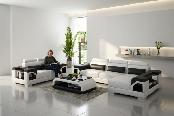 Ledersofa mit USB Wohnlandschaft Ecksofa +Sessel Eck Garnitur Design Modern Sofa