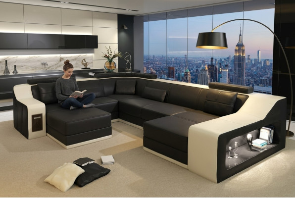 Ledersofa Couch Wohnlandschaft Ecksofa Eck Garnitur Design Modern Sofa mit USB