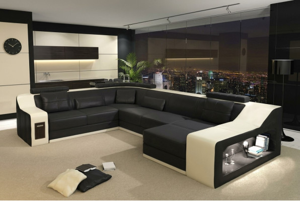 Ledersofa Couch Wohnlandschaft Ecksofa Eck Garnitur Design Modern Sofa mit USB