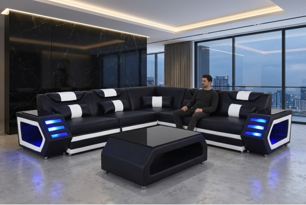 Komplett Set Garnitur Eckcouch Ecksofa Couch Polster Eckgarnitur + Tisch + USB