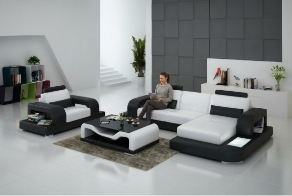 Ledersofa Couch Wohnlandschaft Eck + Sessel Garnitur Design Modern Sofa mit USB