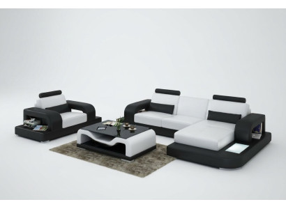 Ledersofa Couch Wohnlandschaft Eck + Sessel Garnitur Design Modern Sofa mit USB