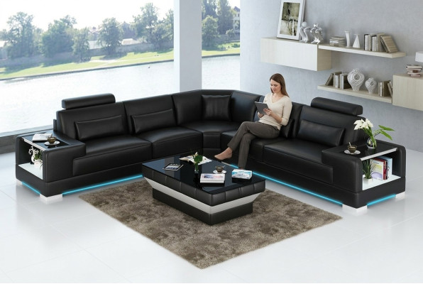 Ledersofa Couch Wohnlandschaft Ecksofa Eck Garnitur Design Modern Sofa mit USB