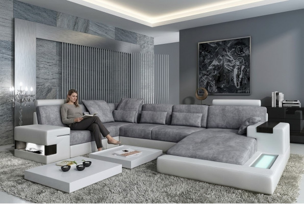 Textil Sofa USB Polster Eckcouch Garnitur Wohnlandschaft Ledersofa Design Couch