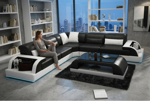 Ledersofa Couch Wohnlandschaft Ecksofa Eck Garnitur Design Modern Sofa USB Weiß