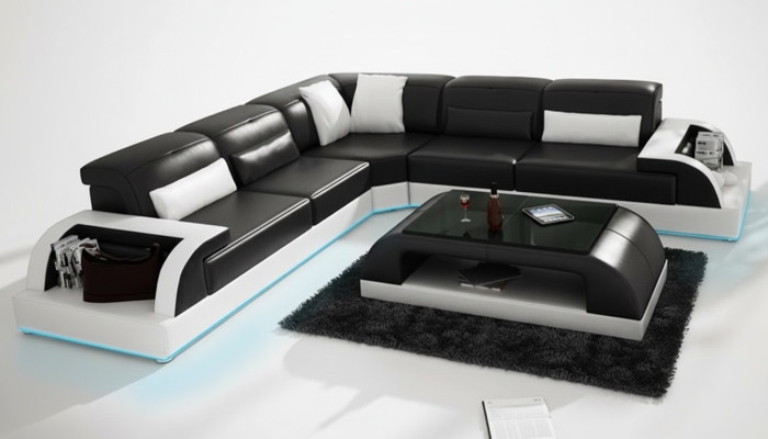 Ledersofa Couch Wohnlandschaft Ecksofa Eck Garnitur Design Modern Sofa USB Weiß