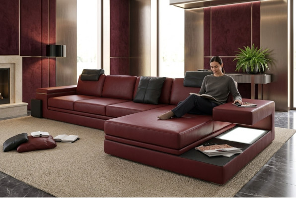 Rote Design Wohnzimmer Couch Stoff Sofa Polster Eck Textil Garnitur LED + USB