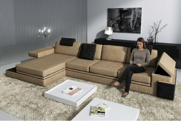 Moderne Wohnzimmer Design Couch Textil Stoff Sofa Polster Eck Garnitur LED + USB