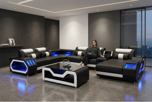 Design Leder Polster Sitz Ecke Landschaft Zimmer Neu Wohn Sofa Polster Eck USB