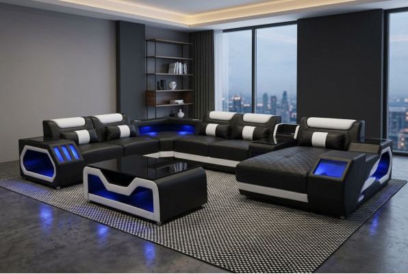 Design Leder Polster Sitz Ecke Landschaft Zimmer Neu Wohn Sofa Polster Eck USB