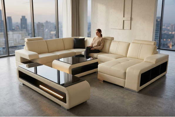 Moderne Eckcouch Wohnlandschaft Couch Tisch Sideboard Sofa USB Eckgarnitur 3tlg.