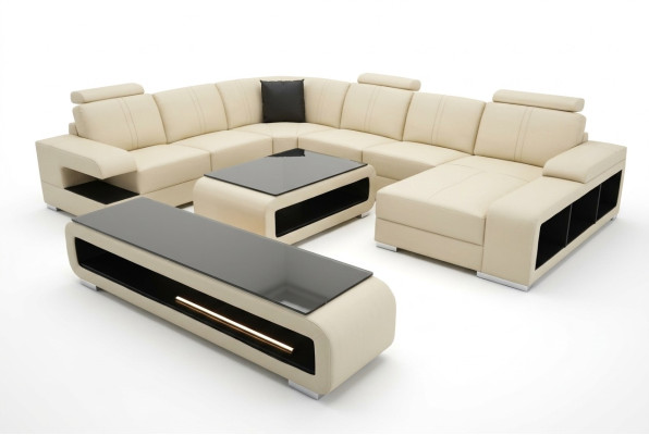 Moderne Eckcouch Wohnlandschaft Couch Tisch Sideboard Sofa USB Eckgarnitur 3tlg.