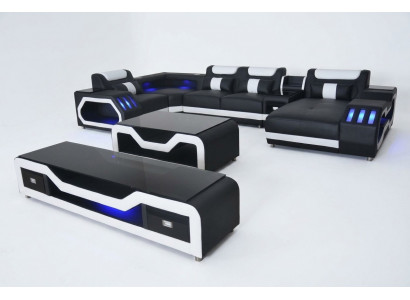 Leder Sofas Eck Garnitur Design Sofa Wohnlandschaft + Couch Tisch + RTV USB Neu