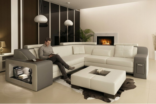 Ecksofa Leder Textil Sofa mit USB Polster Wohnlandschaft L Garnitur Sitz Isching