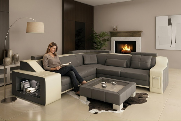 Ecksofa Leder Textil Sofa mit USB Polster Wohnlandschaft L Garnitur Sitz Isching