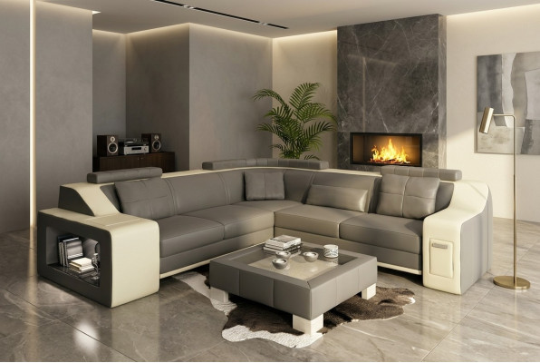 Ecksofa Leder Textil Sofa mit USB Polster Wohnlandschaft L Garnitur Sitz Isching