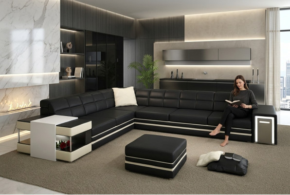 Ecksofa Sofa USB Polster Leder Wohnlandschaft Ecke Garnitur LForm Ledersofa 3026