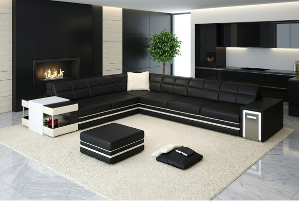 Ecksofa Sofa USB Polster Leder Wohnlandschaft Ecke Garnitur LForm Ledersofa 3026