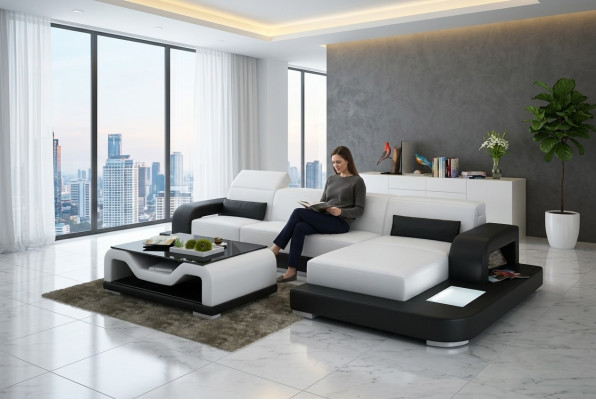 Ledersofa mit USB Wohnlandschaft Ecksofa Eck Garnitur Couch Design Sofa G8006C