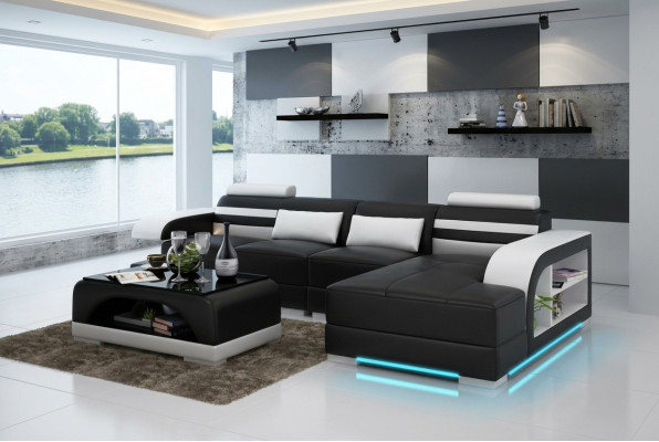 Ledersofa mit USB Wohnlandschaft Ecksofa Eck Garnitur Design Modern Sofa G8033C