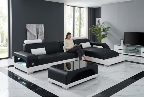 Leder Eck Sofa mit USB Wohnlandschaft Luxus Garnitur Ecke Sofas Couchen Polster