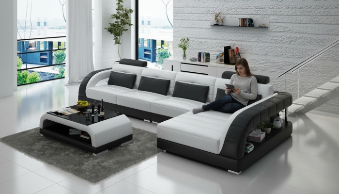 Ledersofa USB Wohnlandschaft Ecksofa Eck Garnitur Design Modern Sofa G8012C Neu