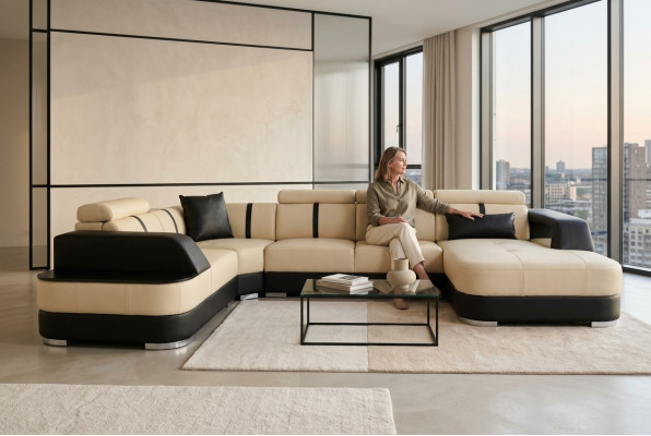 Wohnlandschaft Designer Sofa mit USB Big Polster Leder Sofas Ecke Sitz Black