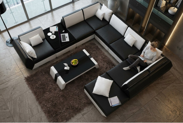 XXL Wohnlandschaft Ledersofa Design Polster Garnitur Couch Ecksofa Big Sofa +USB