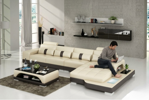 Ledersofa Couch Wohnlandschaft Ecksofa Eck Garnitur Design Modern Sofa mit USB Neu EU