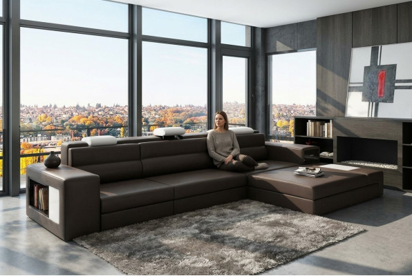 Designsofa Sofa Couch USB Polster Ecksofa Garnitur Wohnlandschaft Ledersofa LED