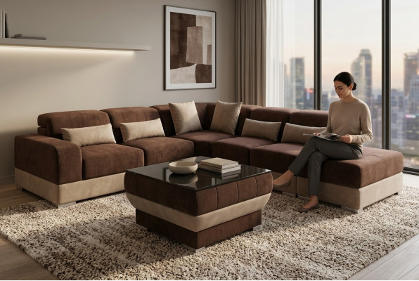 Leder Eck Sofa Wohnlandschaft Garnitur Design Couch Sofas USB LED Braun + Tisch