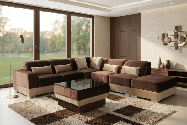 Leder Eck Sofa Wohnlandschaft Garnitur Design Couch Sofas USB LED Braun + Tisch