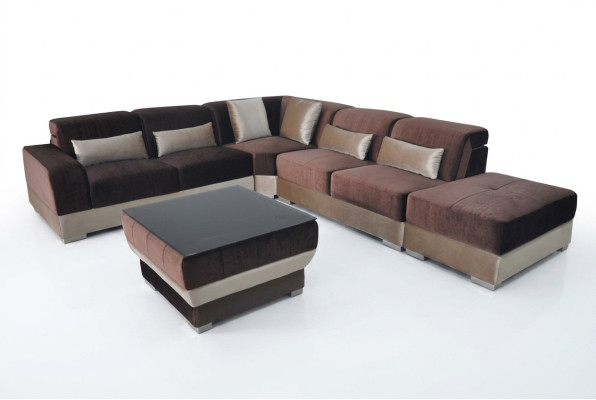 Leder Eck Sofa Wohnlandschaft Garnitur Design Couch Sofas USB LED Braun + Tisch