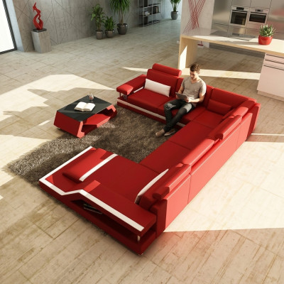 Wohnlandschaft Big Modernes Ledersofa + USB Patentiert NEU Designer Sofa Ecksofa