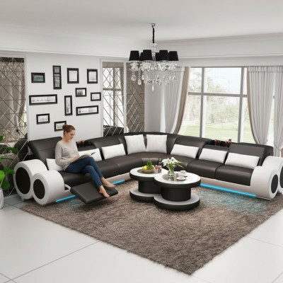 Wohnlandschaft Designer Sofa mit USB Big Polster Leder Sofas Eck Ecke Sitz Black
