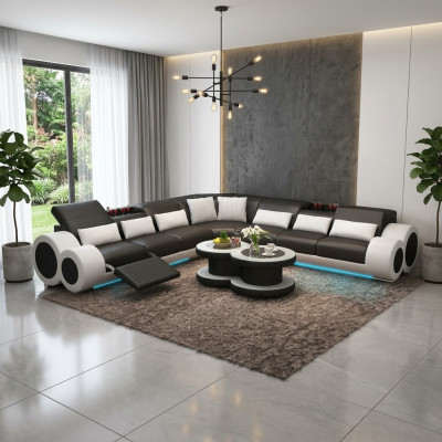 Wohnlandschaft Designer Sofa mit USB Big Polster Leder Sofas Eck Ecke Sitz Black