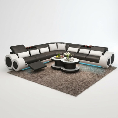 Wohnlandschaft Designer Sofa mit USB Big Polster Leder Sofas Eck Ecke Sitz Black