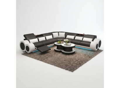 Wohnlandschaft Designer Sofa mit USB Big Polster Leder Sofas Eck Ecke Sitz Black