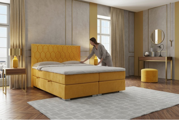 Boxspring Bett Hotel Doppel Luxus Betten Polster Funktion Bettkasten Gelb Samt