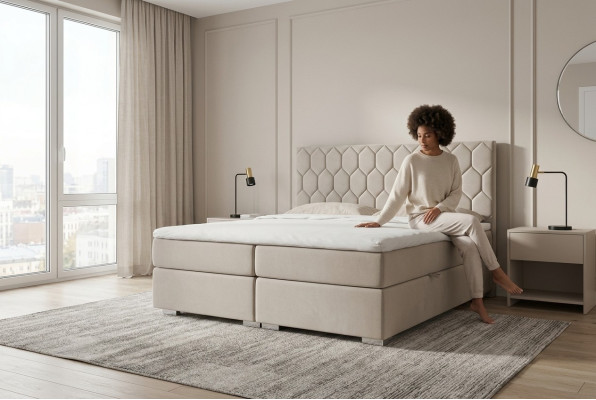 Boxspring Bett Hotel Luxus Betten Polster Funktion Kasten Beige Doppel 180x200