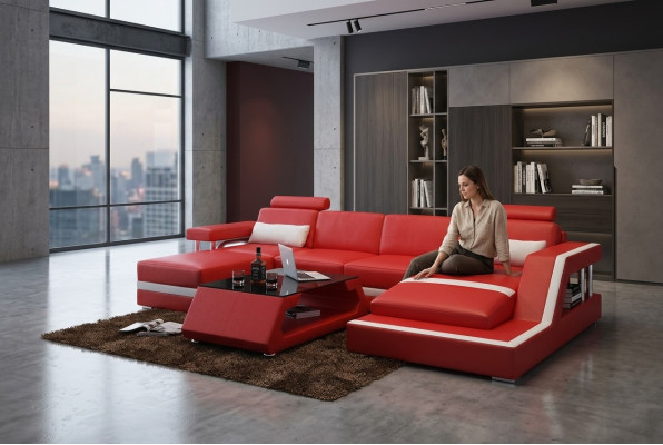Designer Ecksofa Sofa Wohnlandschaft Big Modernes Ledersofa + USB Couch Polster