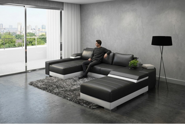 Ecksofa Eck Sofa mit USB Polster Leder Garnitur Wohnlandschaft Liege Bellenberg