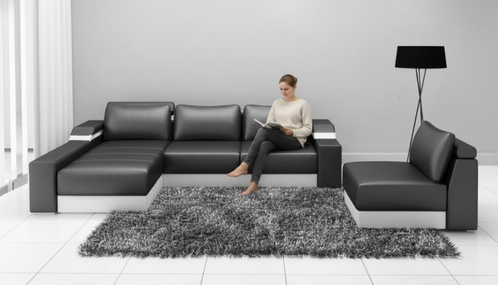 Ecksofa Eck Sofa mit USB Polster Leder Garnitur Wohnlandschaft Chaiselounge