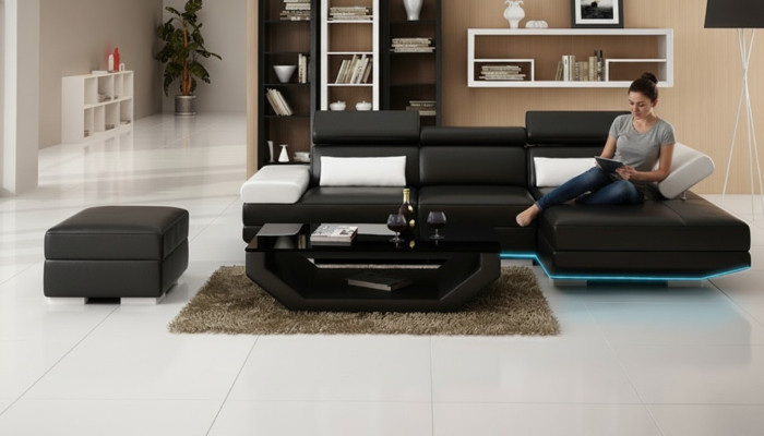 Ledersofa L-Form + USB Wohnlandschaft Ecksofa Garnitur Design Modern Sofa K5009D