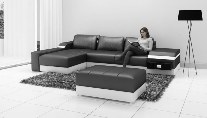 Ecksofa + USB Eck Sofa Couch Polster Leder Garnitur Wohnlandschaft Chaiselounge