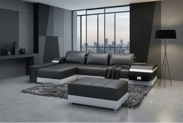 Ecksofa + USB Eck Sofa Couch Polster Leder Garnitur Wohnlandschaft Chaiselounge