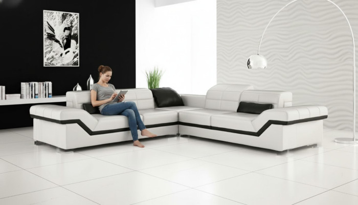 Ledersofa XXL Wohnlandschaft Couch Design Sofa mit USB Ecksofa Sofagarnitur Weiß