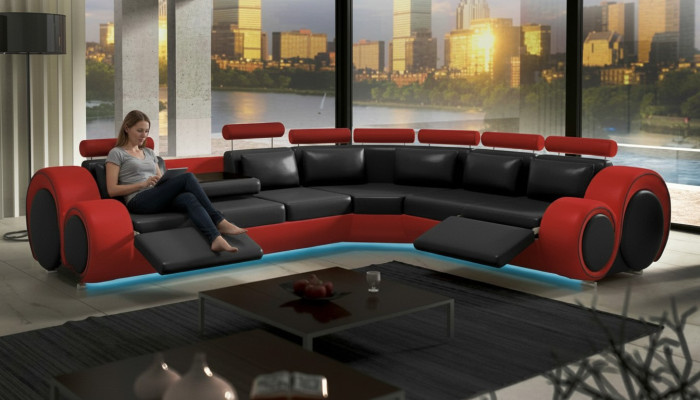Leder Sofa mit USB Design Sofa Ledercouch Wohnlandschaft Eckcouch "BERLIN"