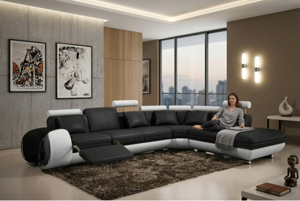 LEDERSOFA LEDERCOUCH mit USB GARNITUR SOFA WOHNLANDSCHAFT SCHWARZ/WEIß Couch Neu