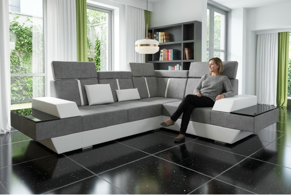 Designer Ecksofa Wohnlandschaft Sofa mit USB Couch Stoff Textil Leder Patentiert